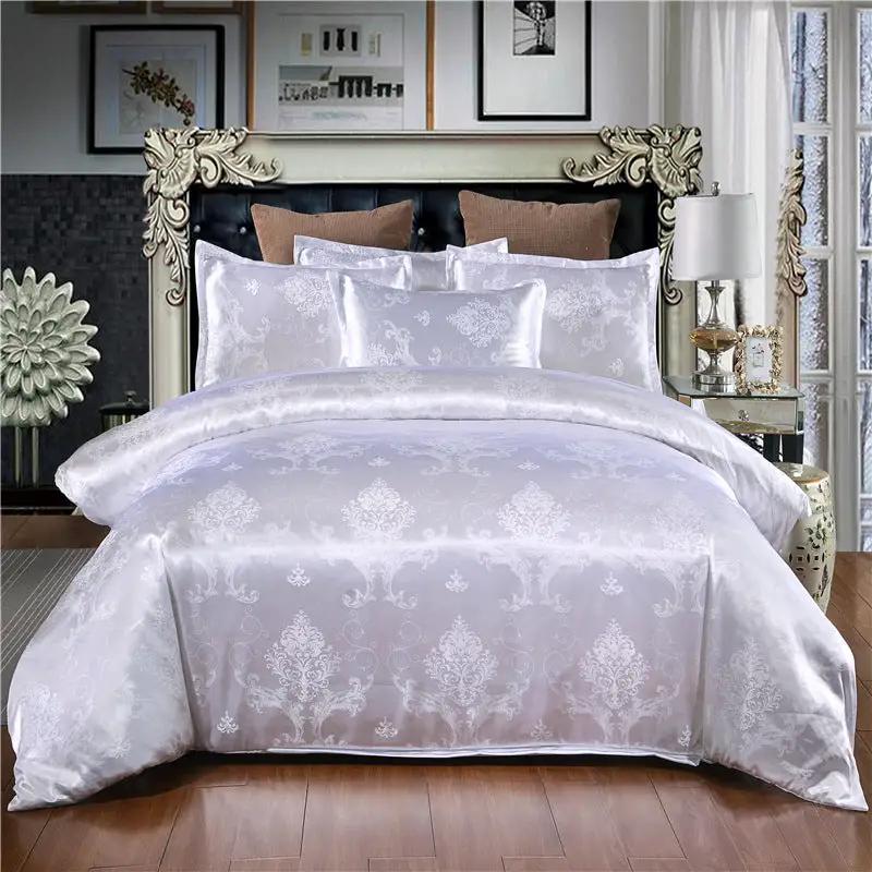Home Textile European-Style Satin Jacquard Bedding Kit by AdTec, white-silver damask comforter set with matching shams.