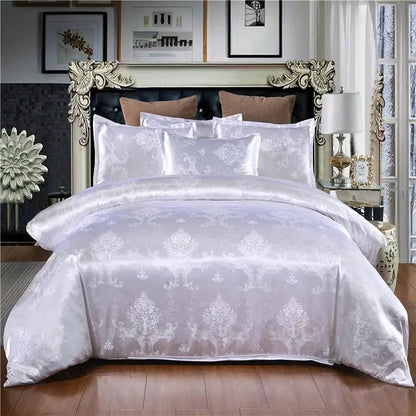 Home Textile European-Style Satin Jacquard Bedding Kit by AdTec, white-silver damask comforter set with matching shams.