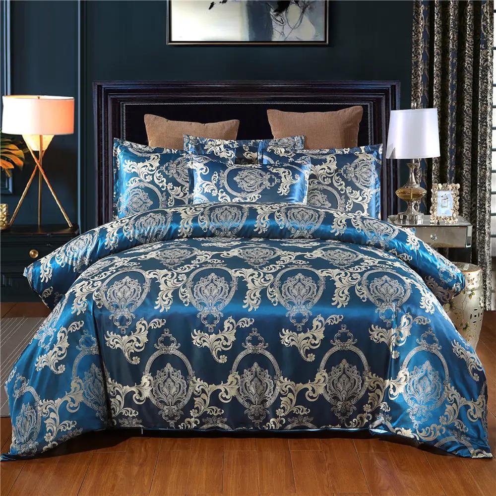 Home Textile European-Style Satin Jacquard Bedding Kit in blue damask with matching shams, AdTec brand.