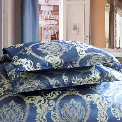 Home textile satin jacquard bedding kit in blue with ornate silver pattern, two pillows stacked.