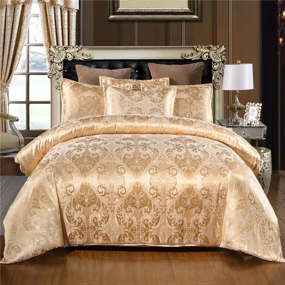 Home Textile European-Style Satin Jacquard Bedding Kit by AdTec; gold damask satin comforter with matching shams on bed