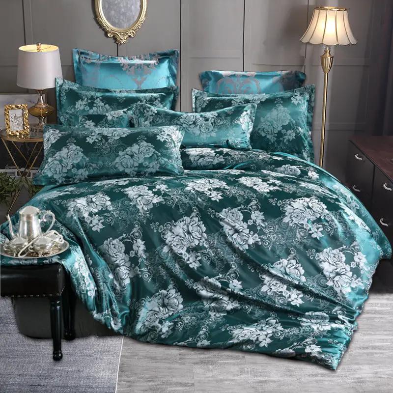 Home Textile European-Style Satin Jacquard Bedding Kit in teal with white floral pattern.