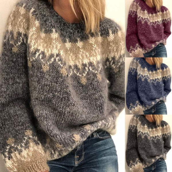 Suéter Jacquard Informal Otoño E Invierno Moda Estilo Étnico Tops De Punto Ropa De Mujer