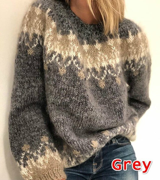 Suéter Jacquard Informal Otoño E Invierno Moda Estilo Étnico Tops De Punto Ropa De Mujer