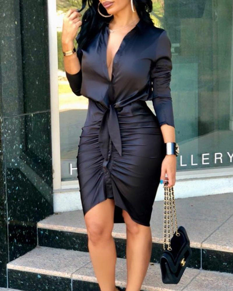 Robe chemise longue élégante pour femme, de couleur unie, avec manches longues et lacets, idéale pour les soirées et les occasions spéciales.