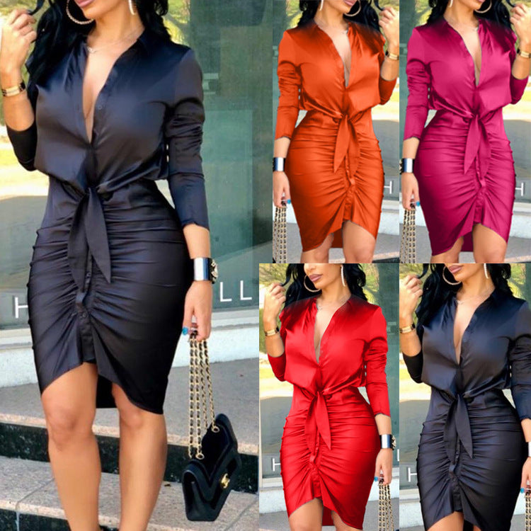 Vestido camisero midi de manga larga con cordones, color liso para mujer, vestido elegante de moda para fiesta
