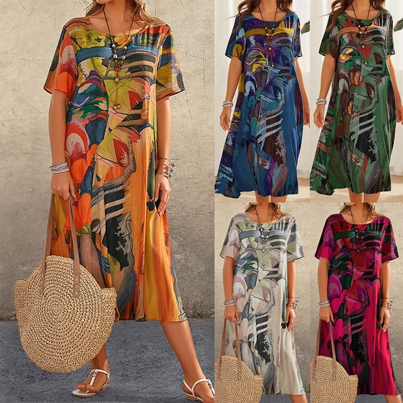 Robe décontractée à imprimé tendance, manches courtes, taille cintrée, col rond, jupe longue de plage ample
