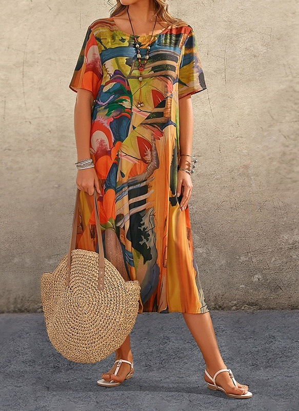 Robe décontractée à imprimé tendance, manches courtes, taille cintrée, col rond, jupe longue de plage ample