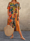 Robe décontractée à imprimé tendance, manches courtes, taille cintrée, col rond, jupe longue de plage ample