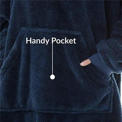 Hoodie fleece by AdTec in navy with a large front pocket; thick double-sided wearable blanket.