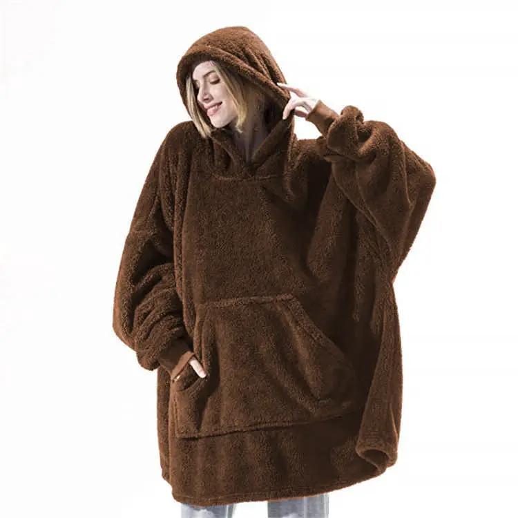 Hoodie sweatshirt by AdTec in brown fuzzy fleece, oversized wearable blanket with large front pocket and hood