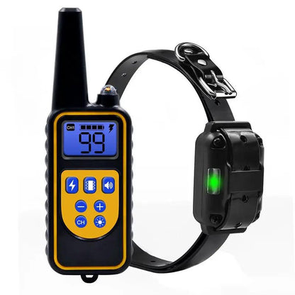 Remote control dog training device by AdTec with black collar and blue LCD display.