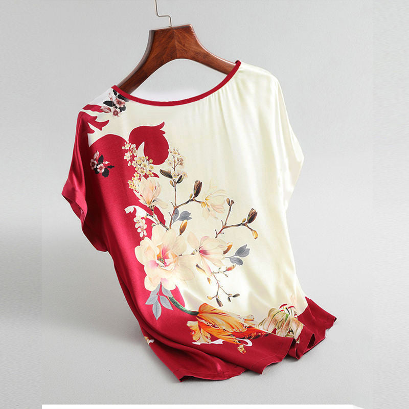Chemisier imprimé floral, en satin de soie, grande taille, chauve-souris, manches courtes, style rétro décontracté