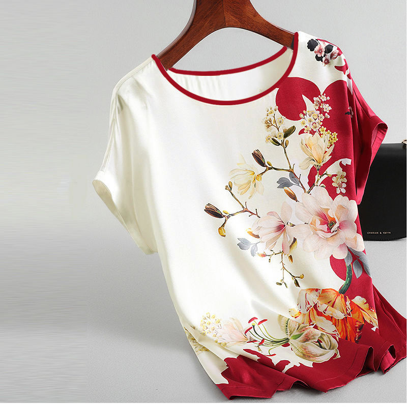 Camisa con estampado floral de moda, satén de seda, talla grande, manga murciélago, estilo retro, blusa informal de manga corta