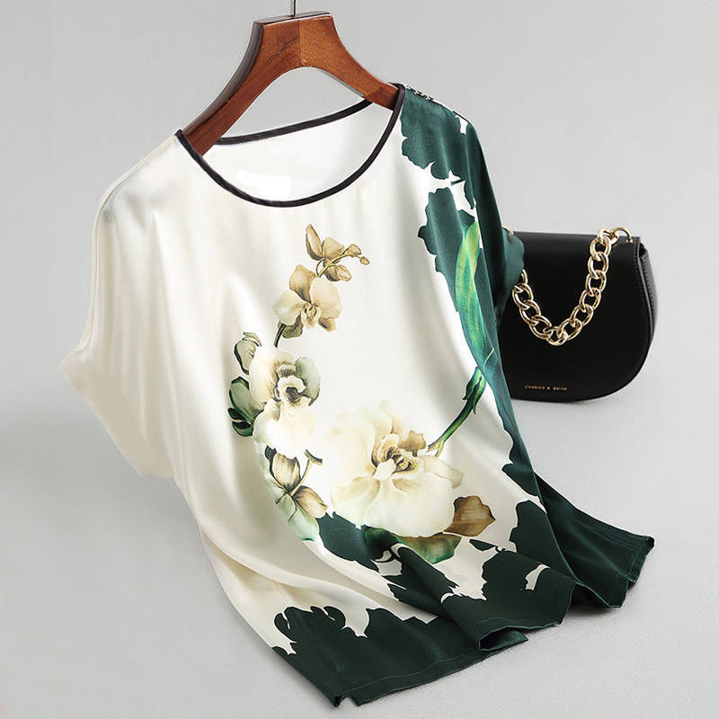 Chemisier imprimé floral, en satin de soie, grande taille, chauve-souris, manches courtes, style rétro décontracté