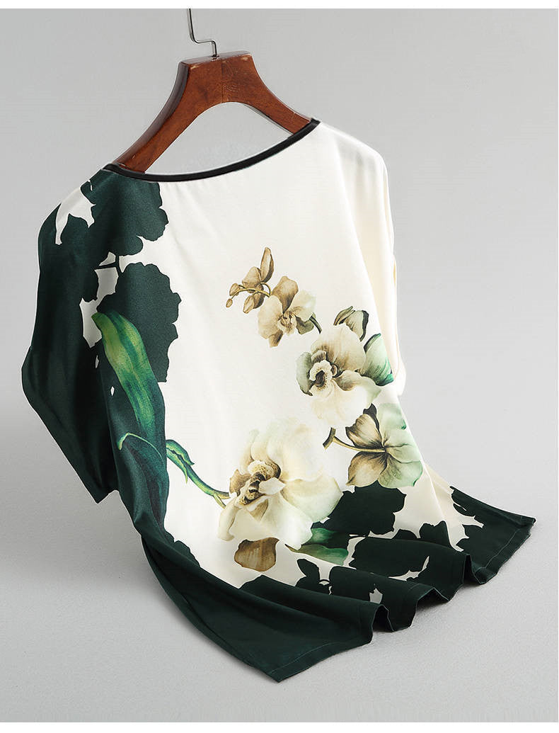 Chemisier imprimé floral, en satin de soie, grande taille, chauve-souris, manches courtes, style rétro décontracté