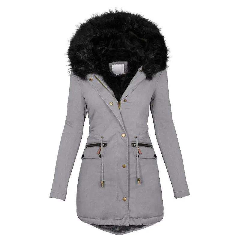 AdTec women's plush hooded parka coat, mid-length gray with black faux-fur hood, zip pockets and drawstrings