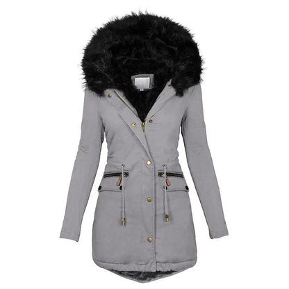AdTec women's plush hooded parka coat, mid-length gray with black faux-fur hood, zip pockets and drawstrings