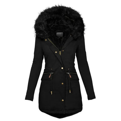 Women's black plush-hood parka with thick fur hood, mid-length coat, zip front, waist drawstrings and pockets.