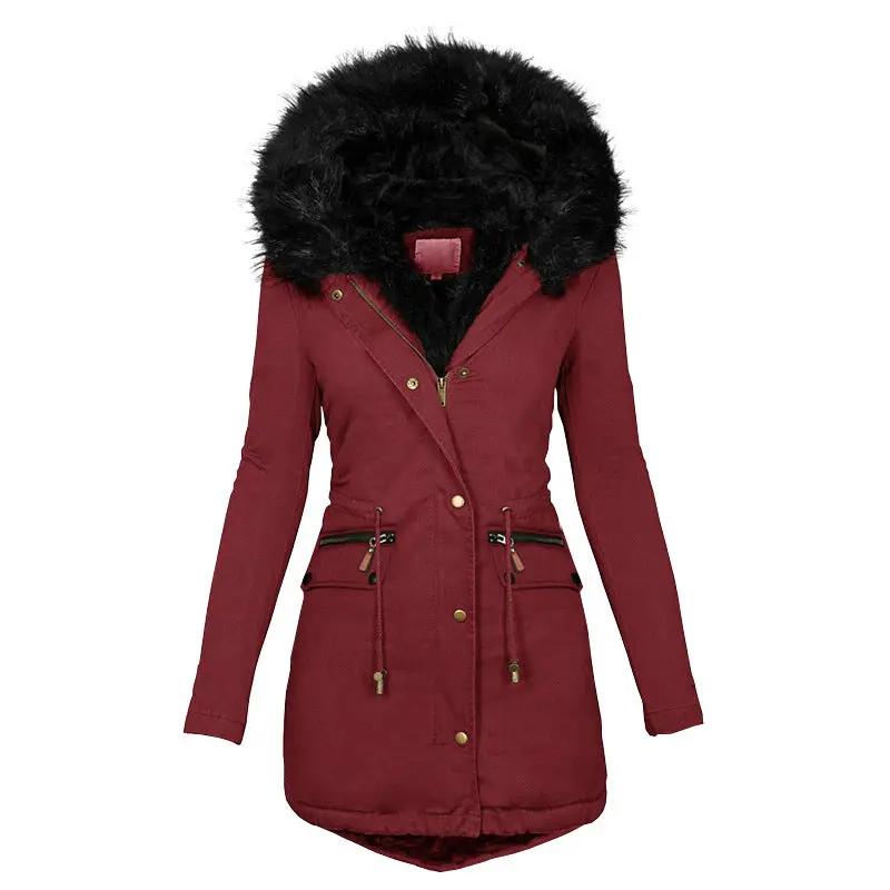 Women's burgundy plush hooded parka with black faux fur trim, mid-length zip coat with drawstring waist and pockets