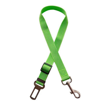 Adjustable pet car seat belt leash in lime green nylon with metal clip and buckle