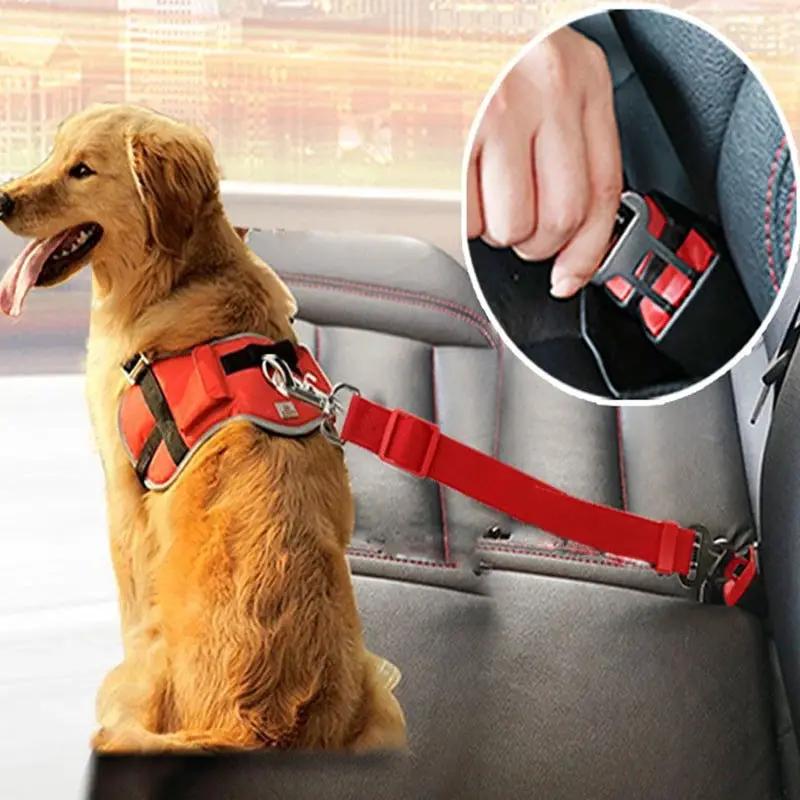 Adjustable AdTec pet car seat belt harness in red nylon for dogs with quick-release buckle