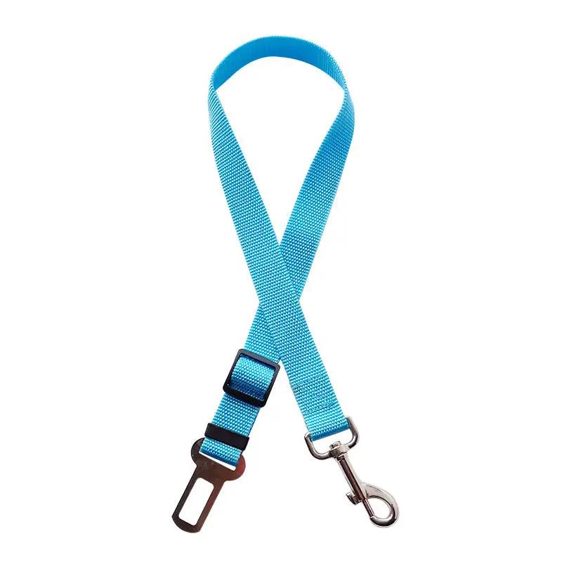Adjustable blue pet car seat belt by AdTec with metal clip and swivel hook