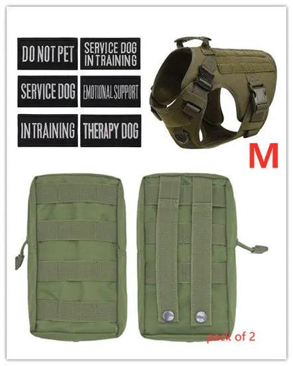 Military tactical dog harness for German Shepherd, olive green, size M, adjustable back with MOLLE, includes two pouches