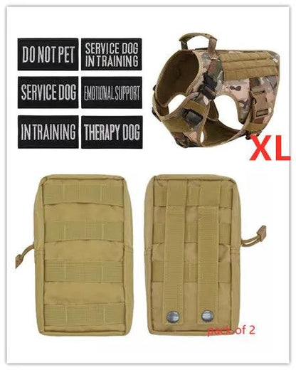 Military tactical dog harness in tan with MOLLE back, adjustable for German Shepherd, XL