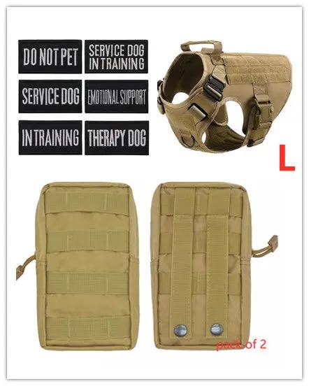 Military tactical dog harness AdTec, adjustable tan with MOLLE panels and two pouches