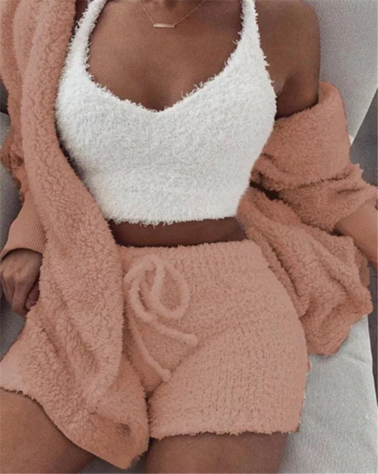 Traje de invierno sexy para mujer para el hogar, conjunto de pijamas casuales, conjunto de chaleco y shorts de manga larga suaves y cálidos para mujer con ombligo descubierto