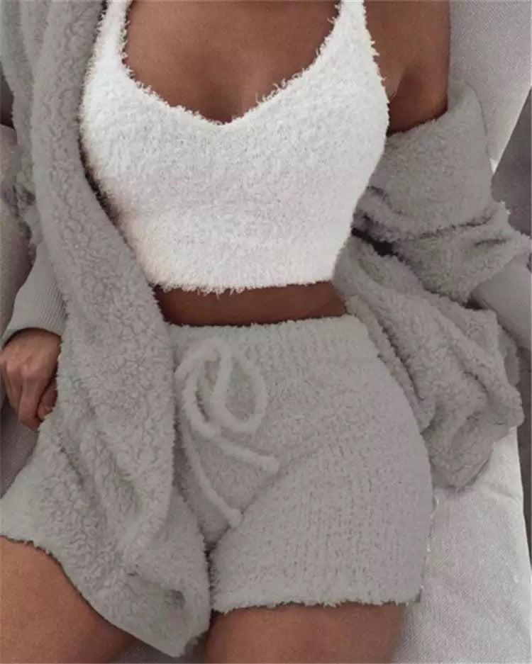 Traje de invierno sexy para mujer para el hogar, conjunto de pijamas casuales, conjunto de chaleco y shorts de manga larga suaves y cálidos para mujer con ombligo descubierto
