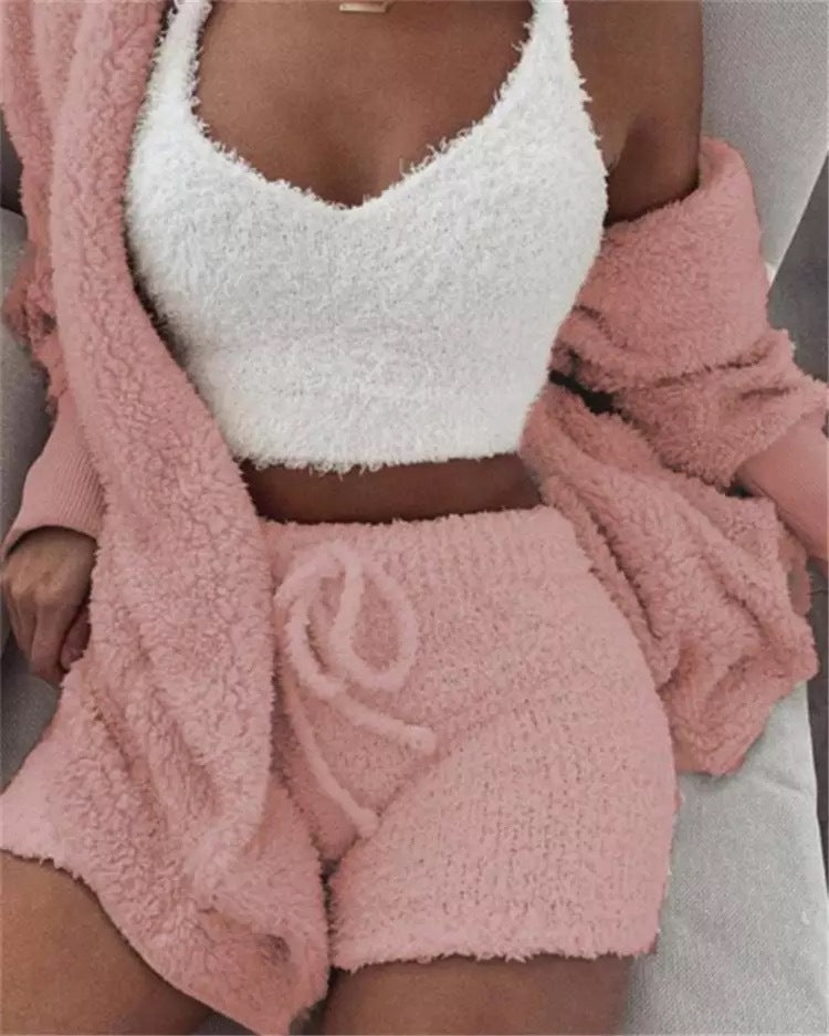 Traje de invierno sexy para mujer para el hogar, conjunto de pijamas casuales, conjunto de chaleco y shorts de manga larga suaves y cálidos para mujer con ombligo descubierto