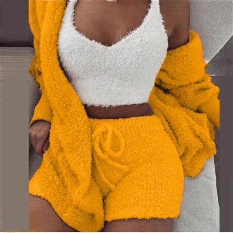 Traje de invierno sexy para mujer para el hogar, conjunto de pijamas casuales, conjunto de chaleco y shorts de manga larga suaves y cálidos para mujer con ombligo descubierto