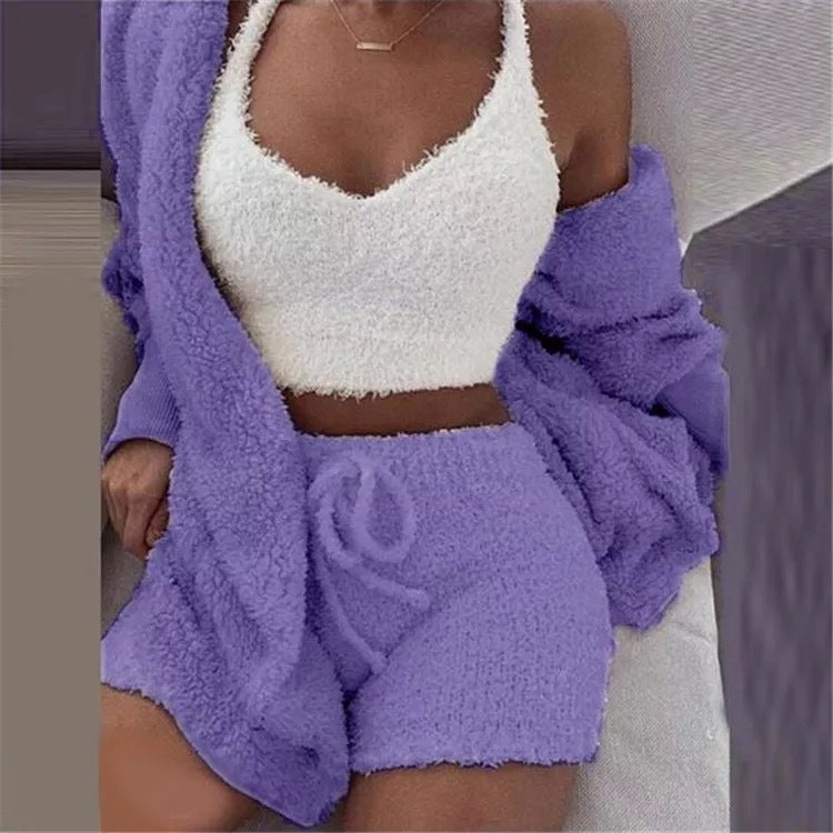 Traje de invierno sexy para mujer para el hogar, conjunto de pijamas casuales, conjunto de chaleco y shorts de manga larga suaves y cálidos para mujer con ombligo descubierto