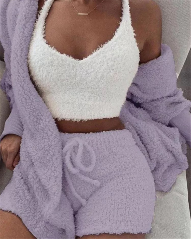 Traje de invierno sexy para mujer para el hogar, conjunto de pijamas casuales, conjunto de chaleco y shorts de manga larga suaves y cálidos para mujer con ombligo descubierto