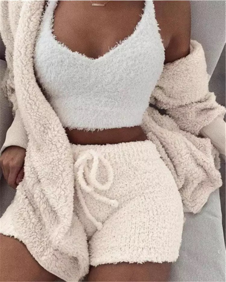 Traje de invierno sexy para mujer para el hogar, conjunto de pijamas casuales, conjunto de chaleco y shorts de manga larga suaves y cálidos para mujer con ombligo descubierto
