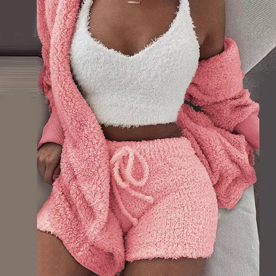 Traje de invierno sexy para mujer para el hogar, conjunto de pijamas casuales, conjunto de chaleco y shorts de manga larga suaves y cálidos para mujer con ombligo descubierto