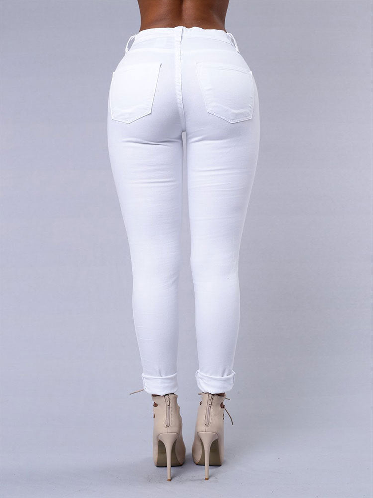 Pantalones vaqueros de mujer casuales de alta calidad, rotos, de tiro alto, ajustados, tipo lápiz, rasgados, sexys, para mujer, pantalones vaqueros de mezclilla