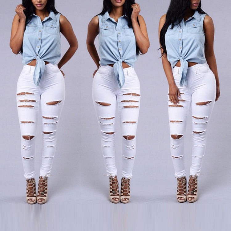 Pantalones vaqueros de mujer casuales de alta calidad, rotos, de tiro alto, ajustados, tipo lápiz, rasgados, sexys, para mujer, pantalones vaqueros de mezclilla