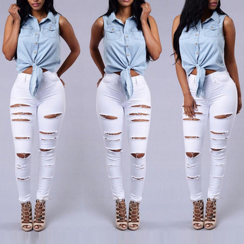Pantalones vaqueros de mujer casuales de alta calidad, rotos, de tiro alto, ajustados, tipo lápiz, rasgados, sexys, para mujer, pantalones vaqueros de mezclilla
