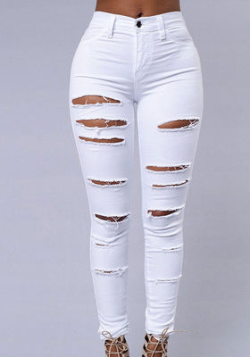 Pantalones vaqueros de mujer casuales de alta calidad, rotos, de tiro alto, ajustados, tipo lápiz, rasgados, sexys, para mujer, pantalones vaqueros de mezclilla