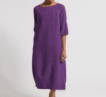 Robe longue à manches longues et col rond en coton et lin pour femmes grandes tailles