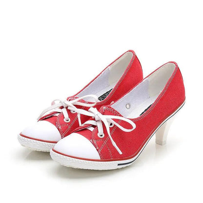 SeoulLift women's red canvas high-sole sneakers by AdTec, white toe caps and laces