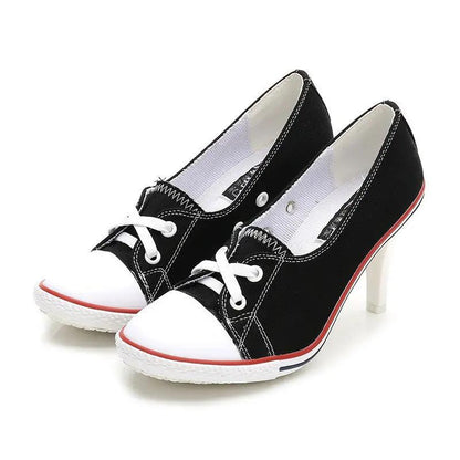 SeoulLift women's Korean canvas high-sole sneakers by AdTec, black with white toe cap and laces