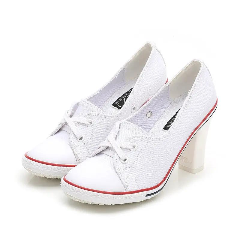 SeoulLift white canvas high-sole sneakers for women, AdTec pair with red trim