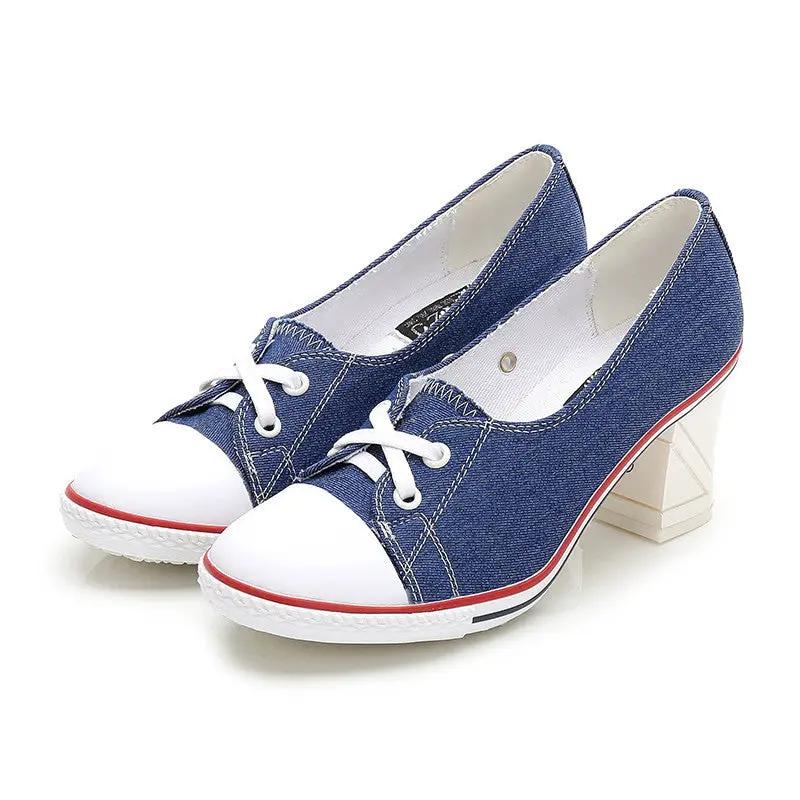 SeoulLift women's denim canvas high-sole sneakers by AdTec, blue with white toe caps and laces