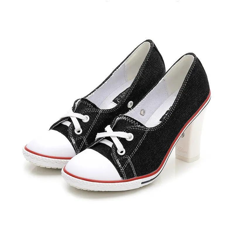 SeoulLift Korean Canvas High-Sole Sneakers for Women, black canvas with white toe caps and laces, red midsole stripe