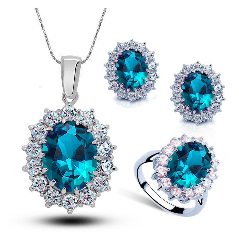 Juego de joyas de cristal con collar, pendientes y anillo de novia