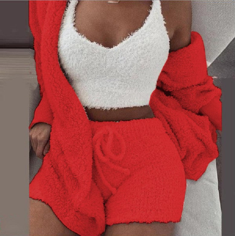 Traje de invierno sexy para mujer para el hogar, conjunto de pijamas casuales, conjunto de chaleco y shorts de manga larga suaves y cálidos para mujer con ombligo descubierto